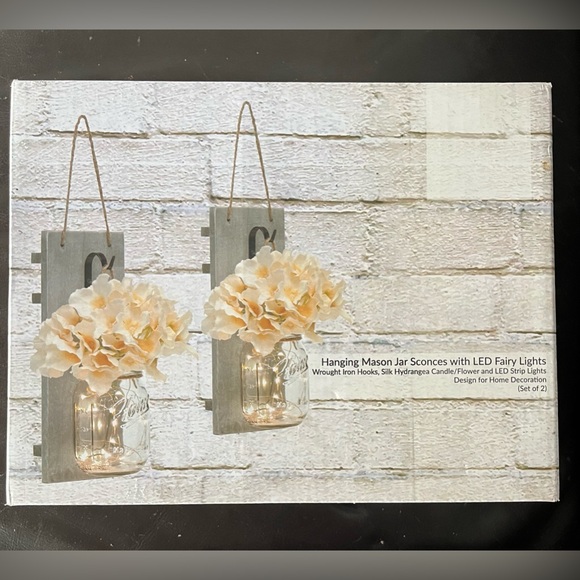 Hanging Mason Jar Sconces with LED Fairy Lights, Silk Hydrangea, NEW in Box - Picture 8 of 11